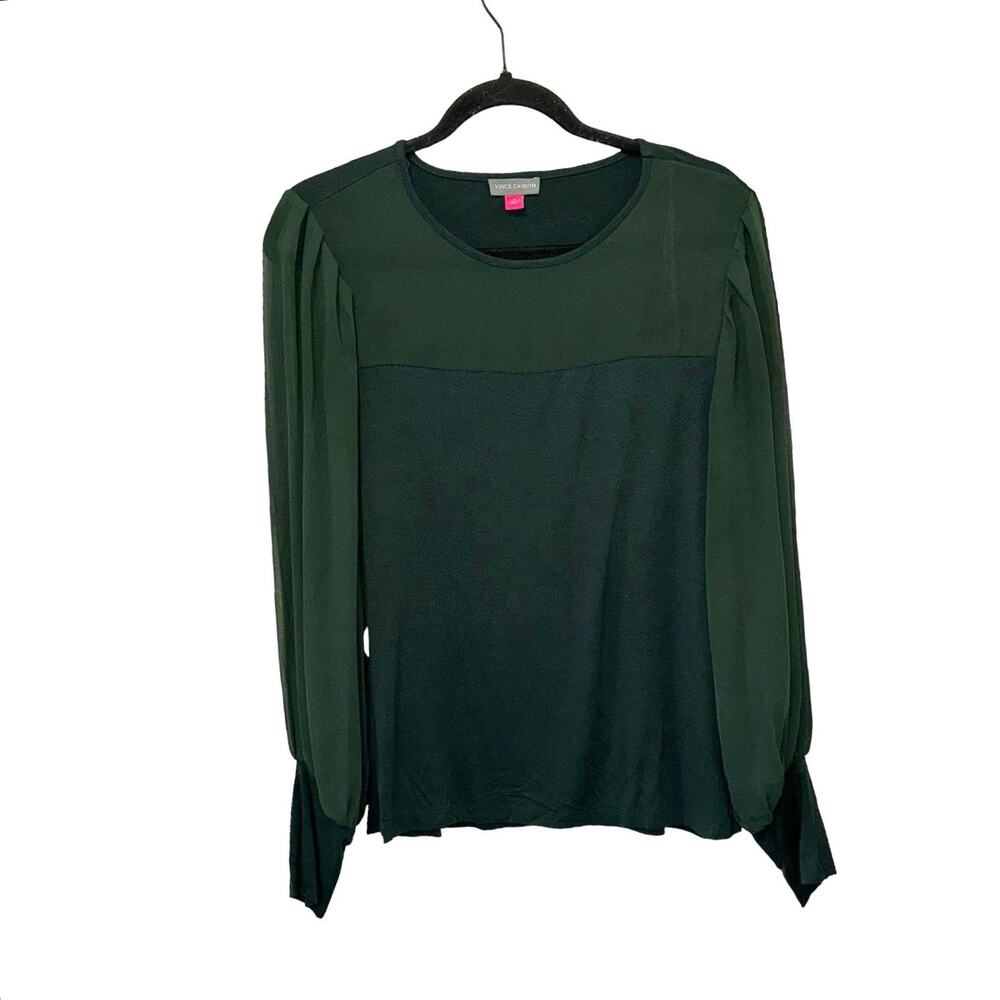 Vince Camuto Dark Green Sheer Sleeve Blouse Large Elegant Career Top